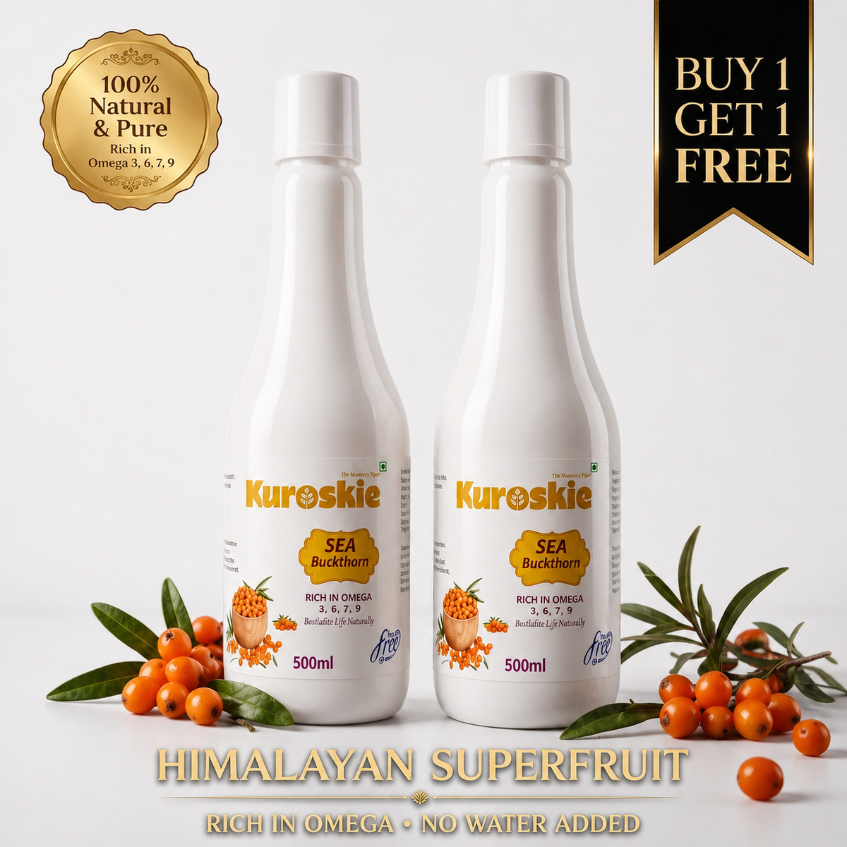 Buy 1 Get 1  Sea Bukthorn Juice - Rich in Omega 7 & Vitamin C - 500 ml