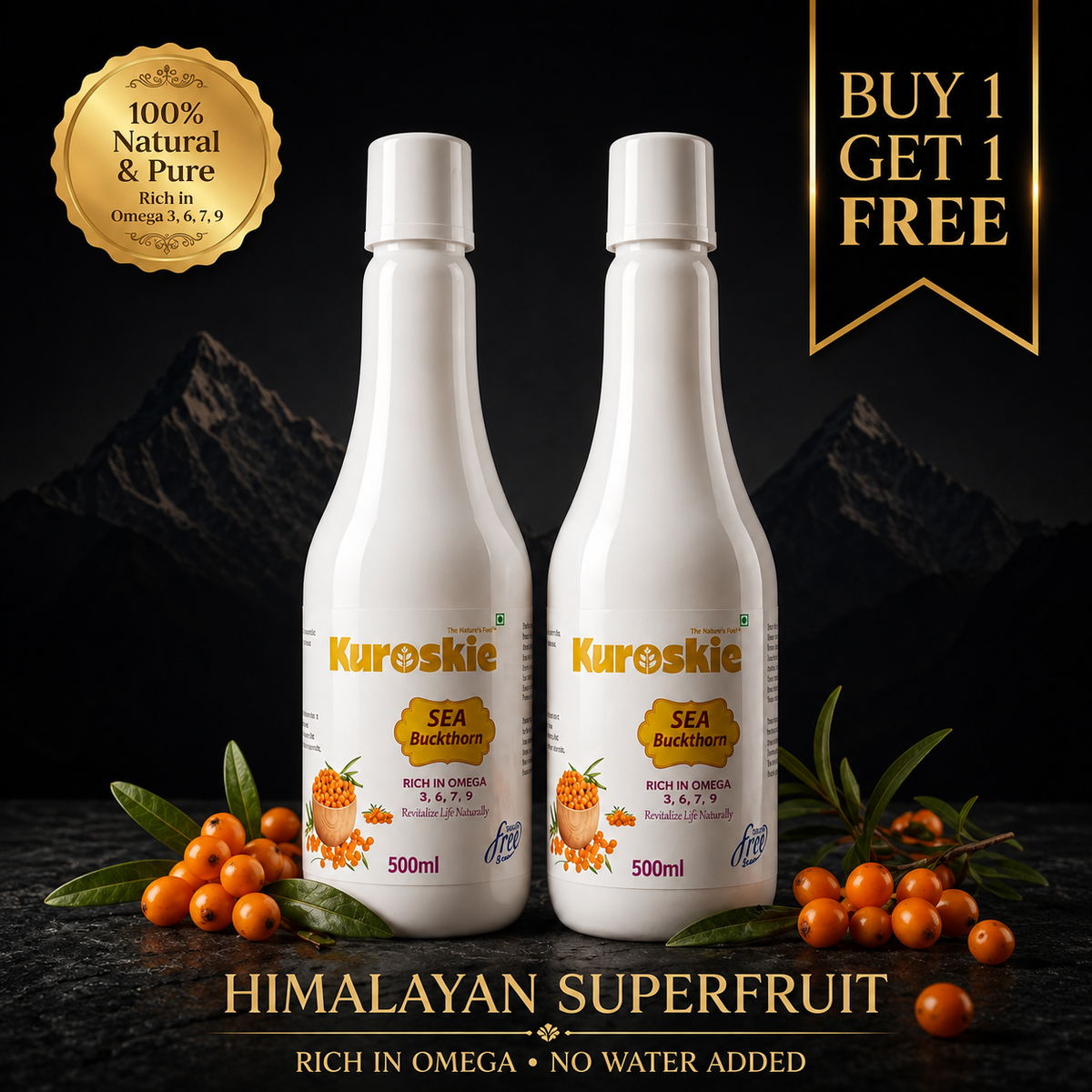 Buy 1 Get 1  Sea Bukthorn Juice - Rich in Omega 7 & Vitamin C - 500 ml
