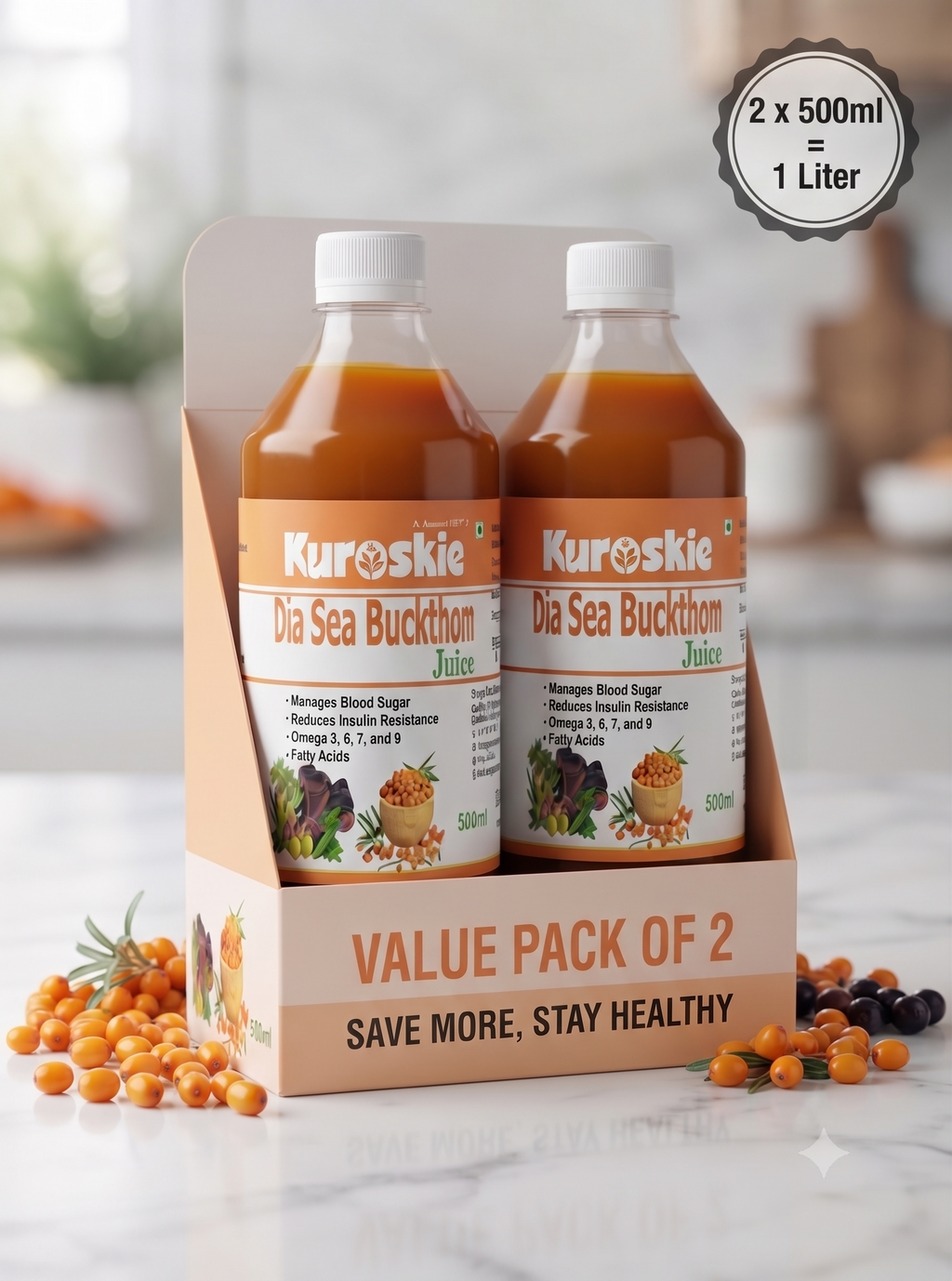 Kuroskie Diaseabucthorn Juice | Amla, Karela, Jamun & Tulsi | Men & Women | 500ml pack of 2