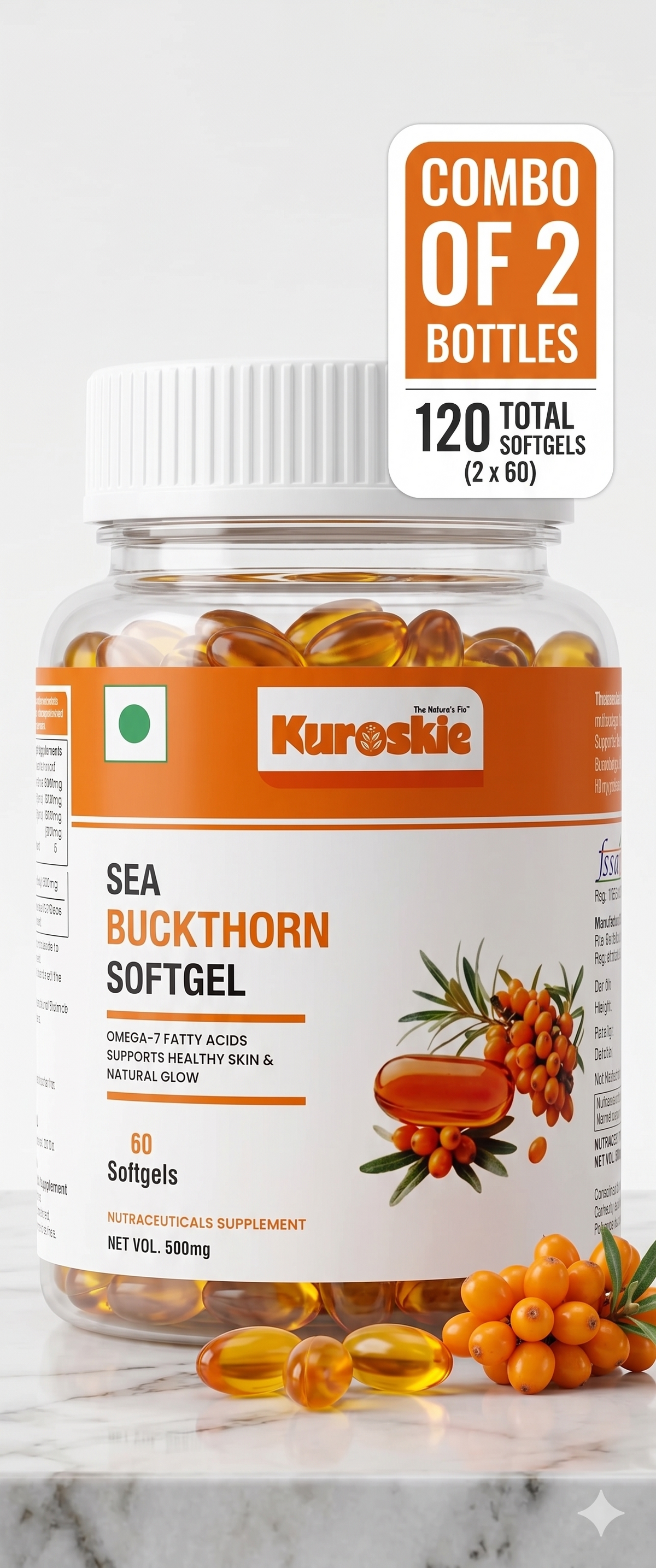 Pack of 2 - Sea Buckthorn Oil Capsules (60 Capsules) - Rich  In Omega-7 Fatty Acids -Supports Healthy Skin & Natural Glow
